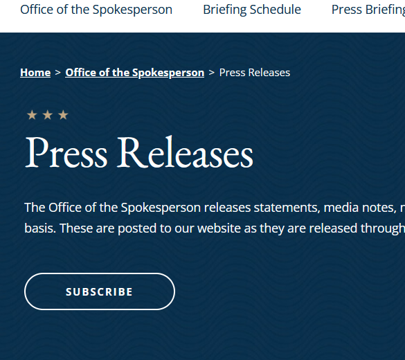 US State department website screenshot from the Office of the Spokesperson Press Release page